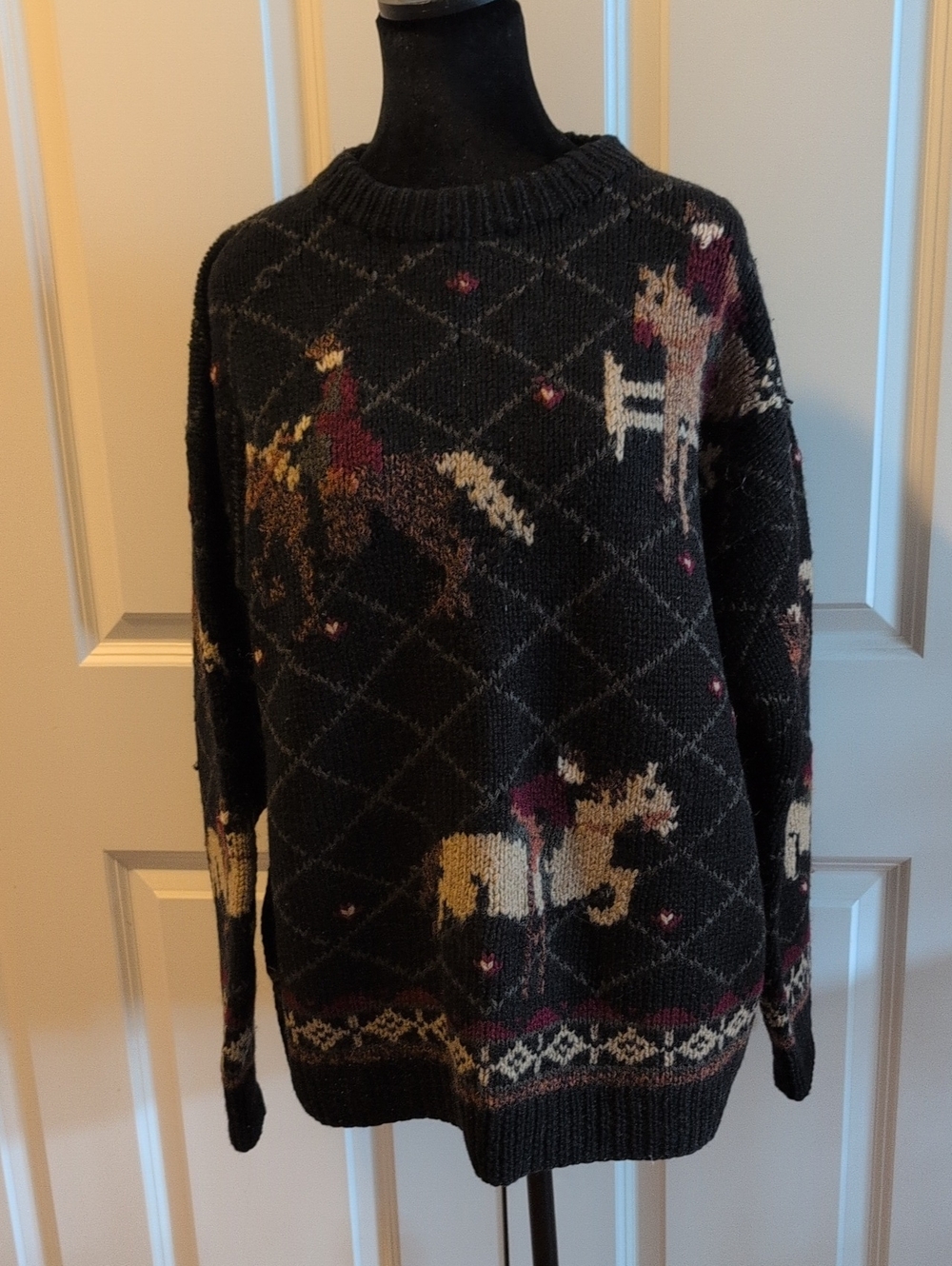 Vintage Eddie Bauer Black Crewneck Wool Sweater with Horse Motif